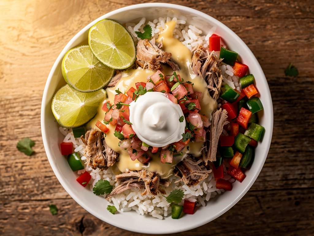 20-Minute Pulled Pork Burrito Bowls with Tomato Salsa and Monterey Jack