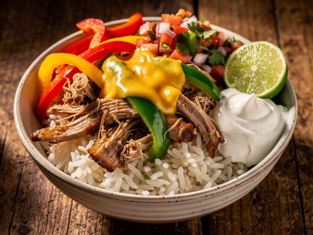20-Minute Pulled Pork Burrito Bowls with Tomato Salsa and Monterey Jack