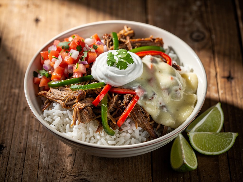 20-Minute Pulled Pork Fiesta Bowls with Tomato Salsa and Monterey Jack