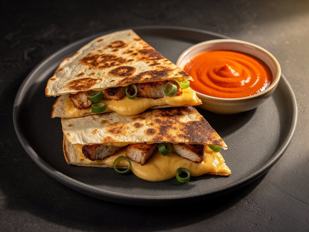 Quick and Cheesy Chicken Quesadillas with Smoky Red Pepper Crema