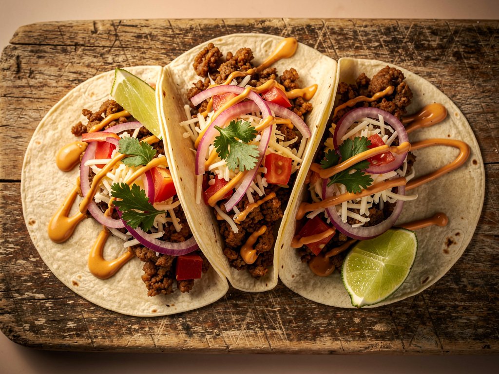 Quick Cheesy Ground Pork Tacos with Pickled Onion and Chipotle Crema