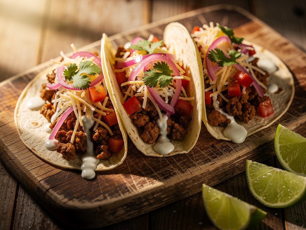 Quick Cheesy Ground Pork Tacos with Lime Crema