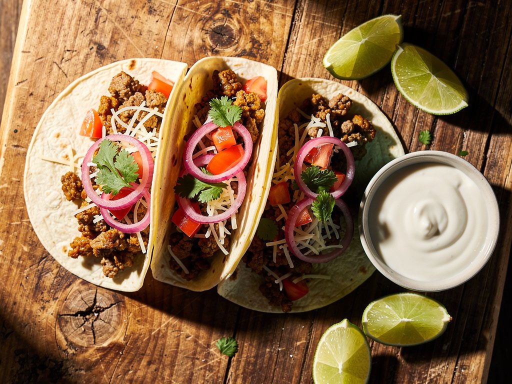 Quick Cheesy Ground Pork Tacos with Pickled Onion