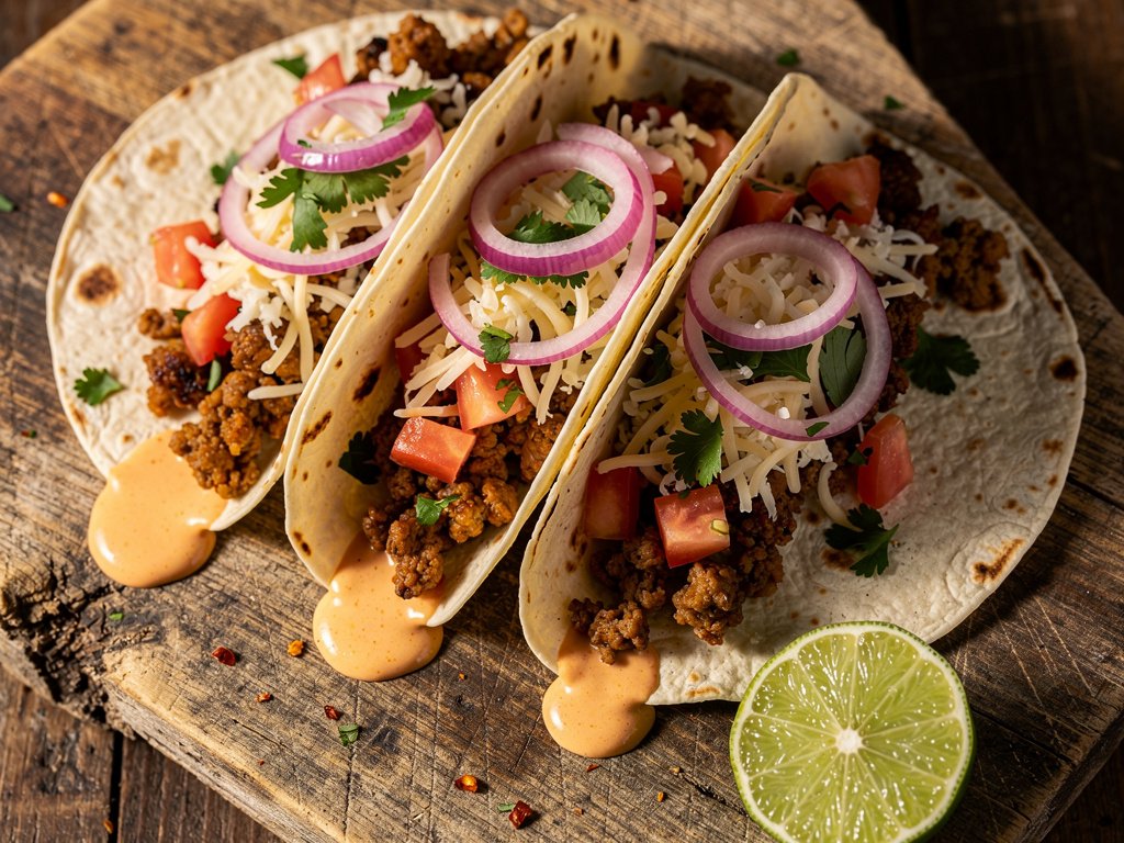 Quick Cheesy Ground Pork Tacos with Pickled Shallot