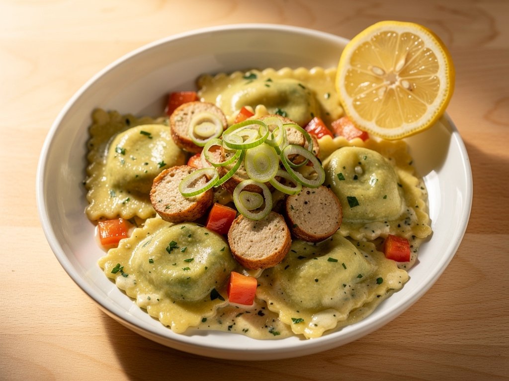 Quick Chicken Sausage and Spinach Ravioli with Creamy Lemon Sauce