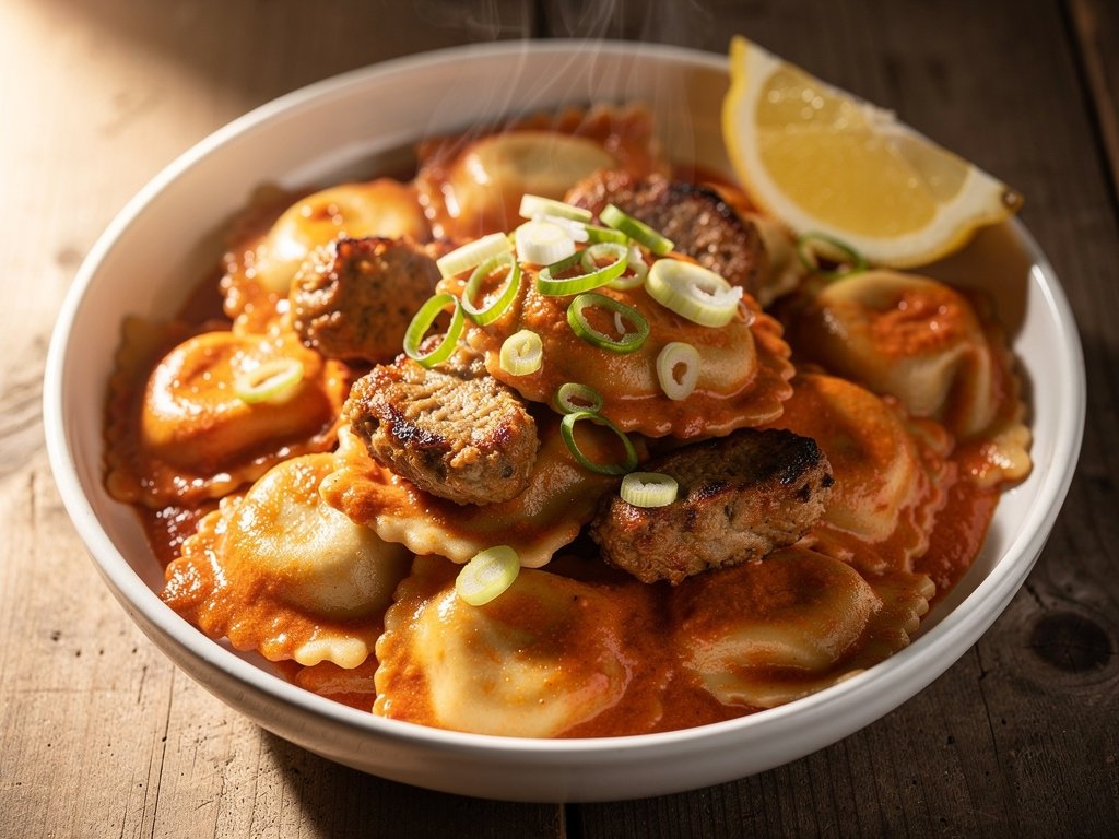 Quick Chicken Sausage and Spinach Ravioli in Creamy Tomato Sauce