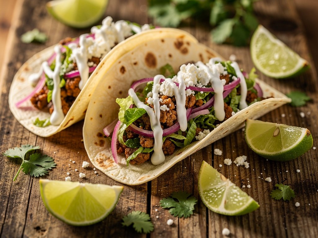 Quick Ground Pork Tacos with Pickled Onions and Lime Crema