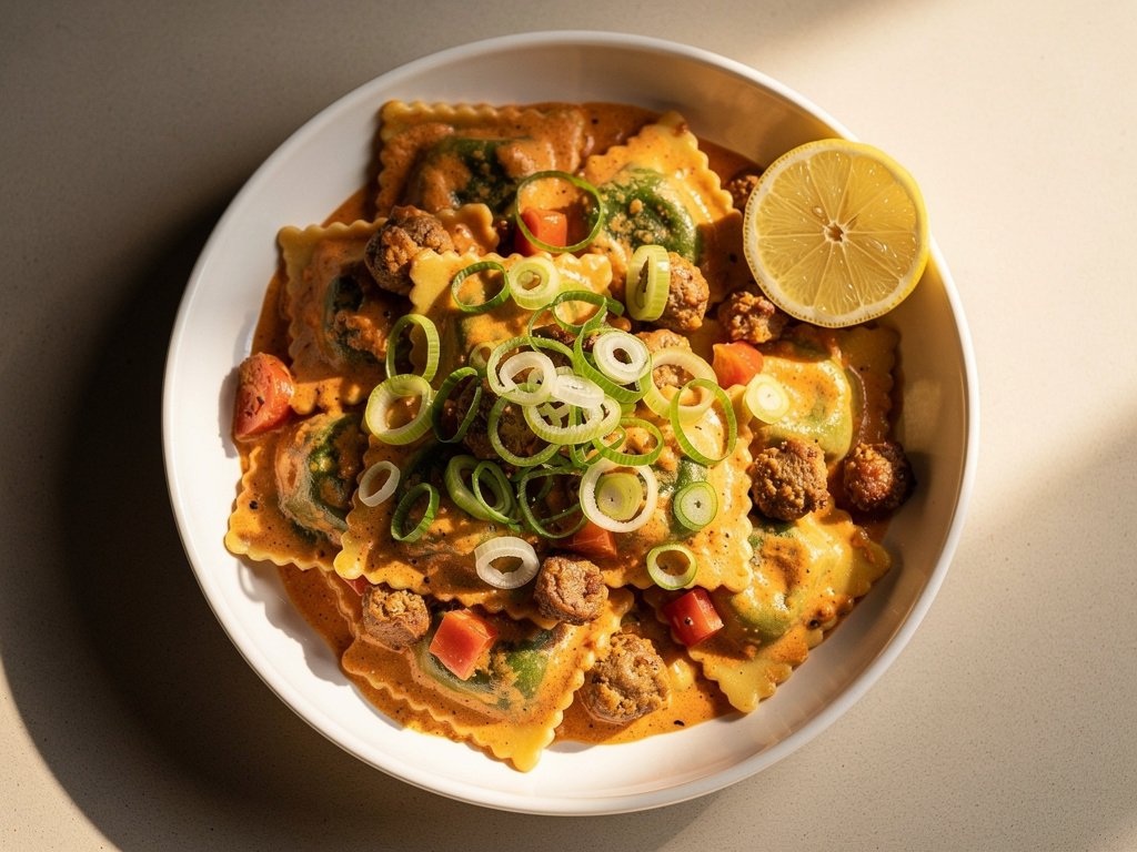 Quick Italian Chicken Sausage and Spinach Ravioli with Lemon Tomato Sauce