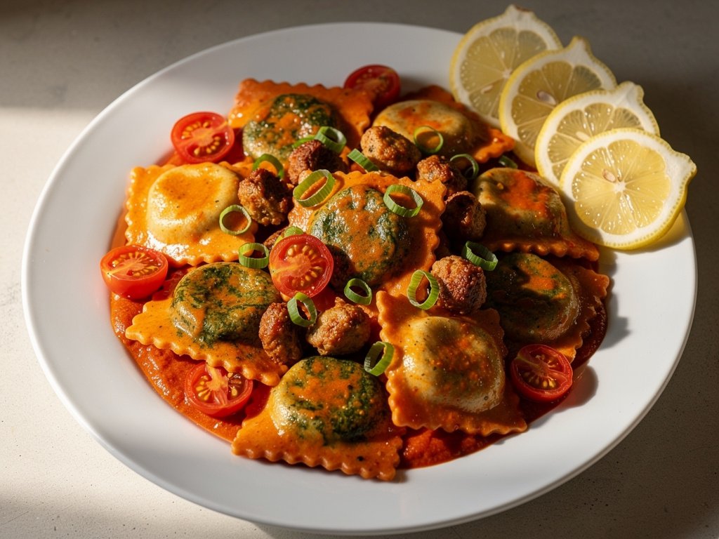 Quick Italian Sausage and Spinach Ravioli with Lemon Tomato Sauce