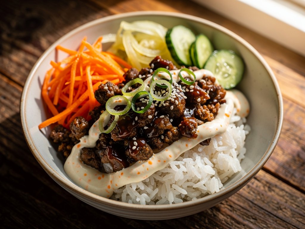 Quick Korean Beef Bulgogi Bowls with Pickled Cucumber and Sriracha Crema
