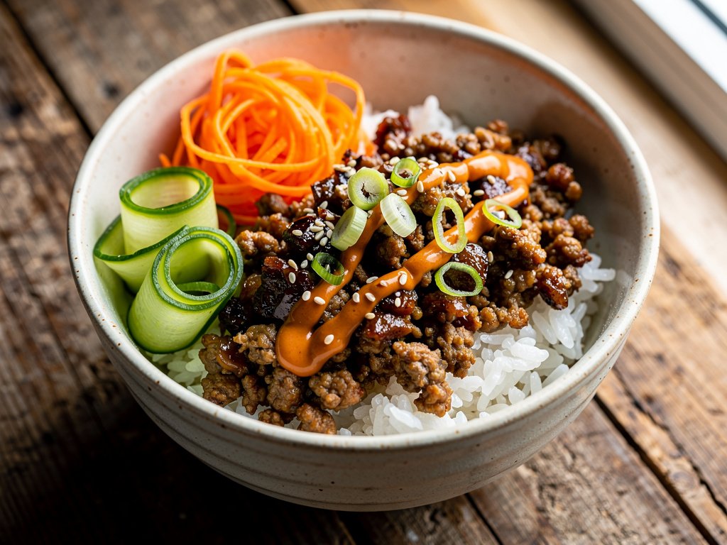 Quick Korean Pork Bulgogi Bowls with Pickled Cucumber and Sriracha Crema
