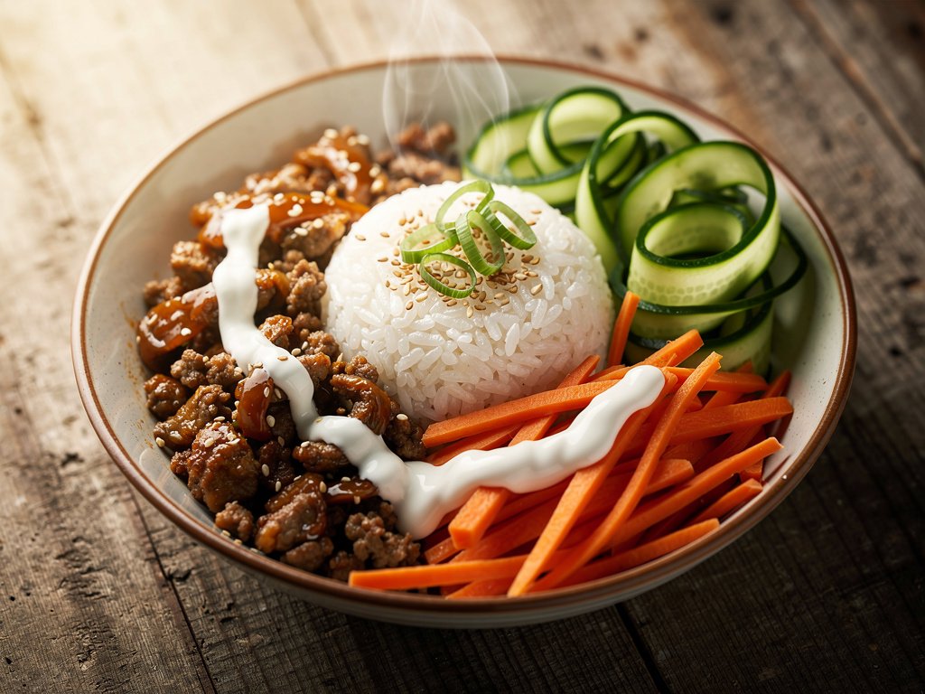 Quick Korean Pork Bulgogi Bowls with Pickled Cucumber and Sriracha Crema
