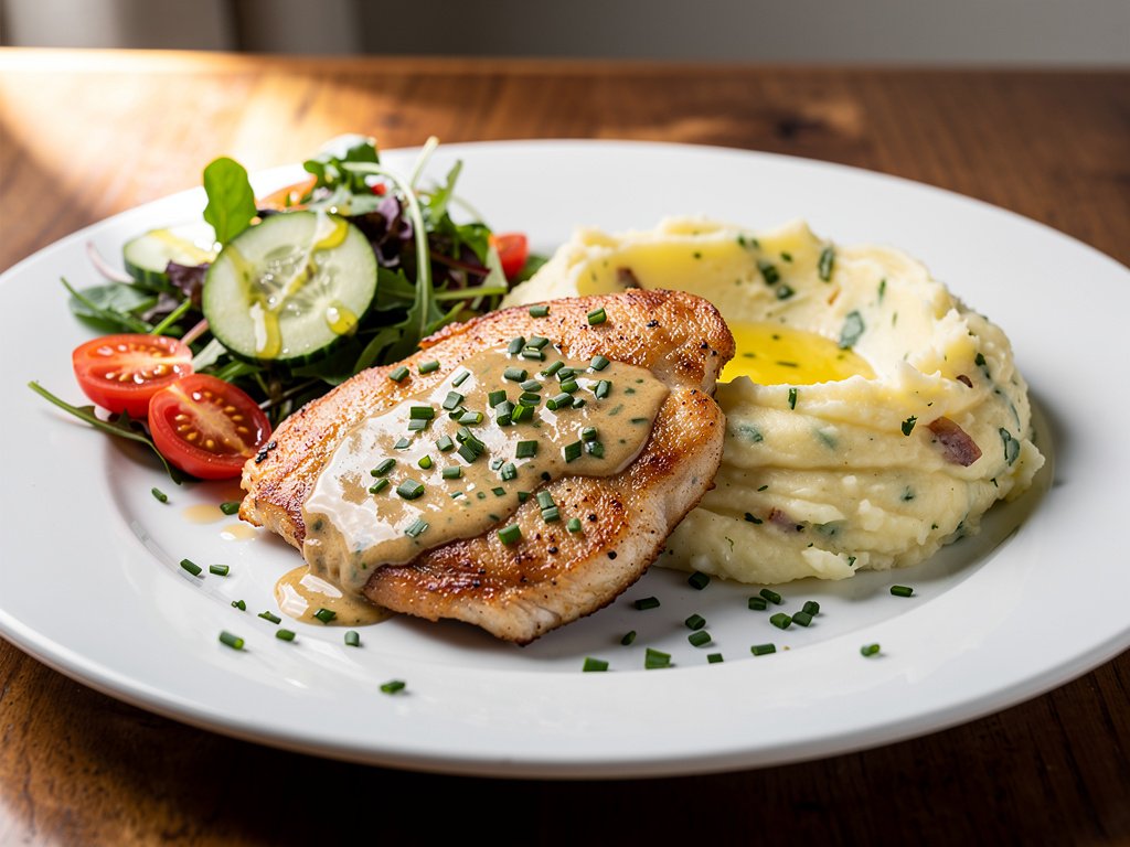 Quick Parmesan Chive Chicken with Garlic Herb Potatoes and Honey Dijon Salad