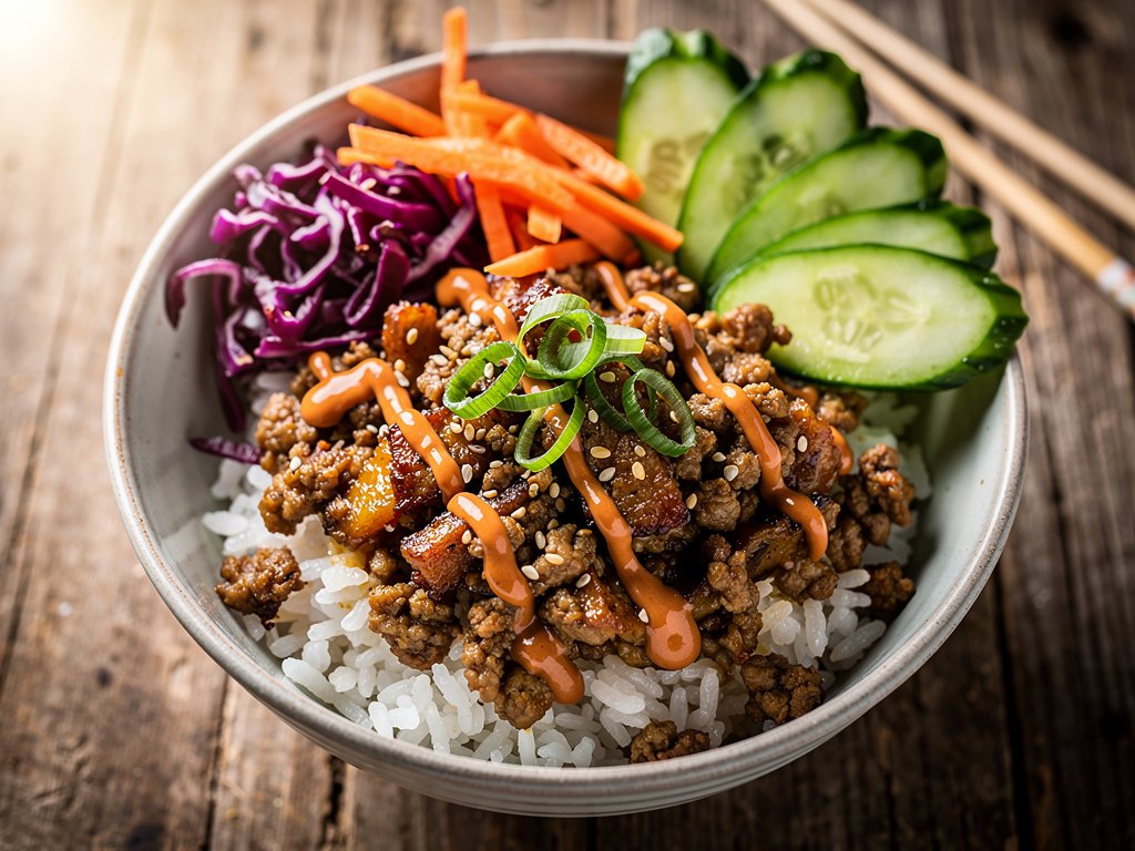 Quick Pork Bulgogi Bowls with Pickled Cucumber and Sriracha Crema