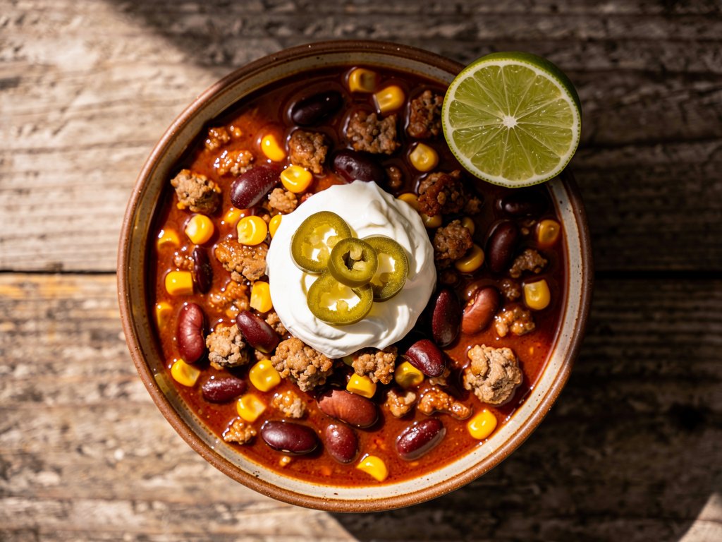 Quick 20-Minute Pork Sausage and Red Bean Chili with Corn and Pickled Jalapeño