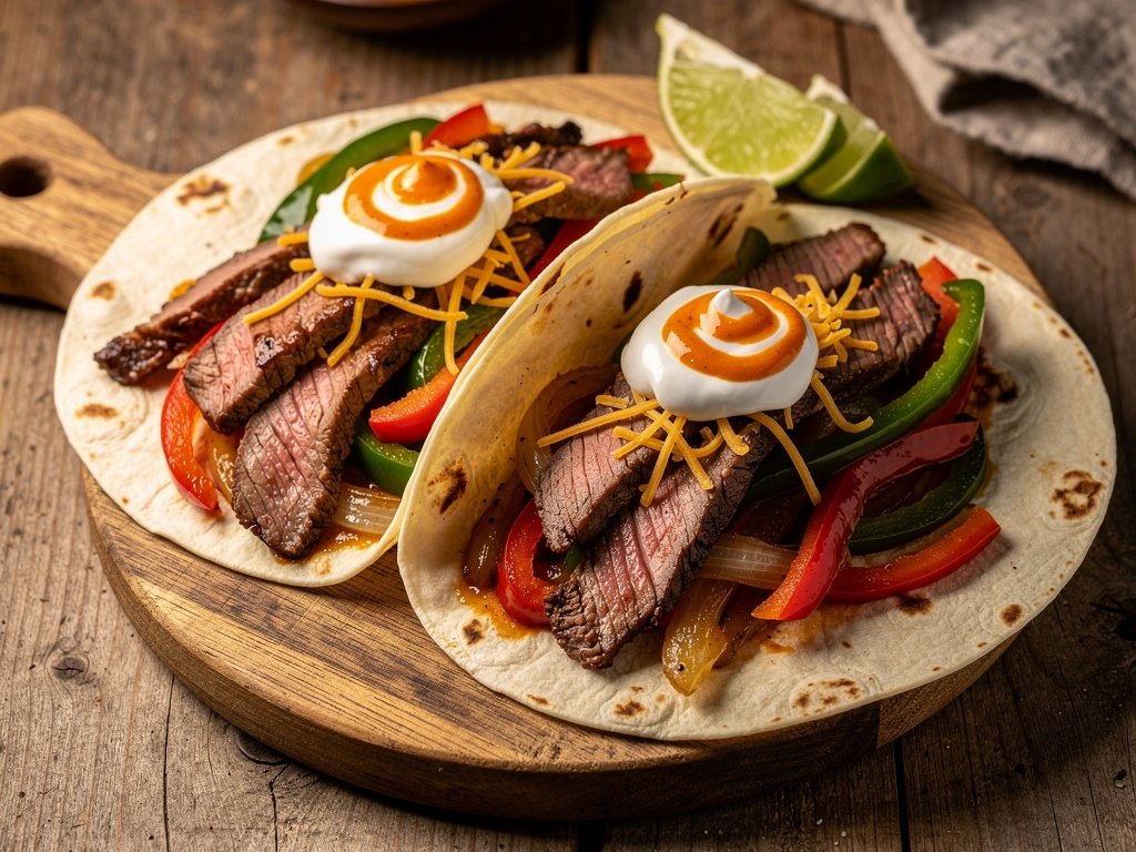 Quick Steak Fajitas with Bell Peppers and Spicy Crema