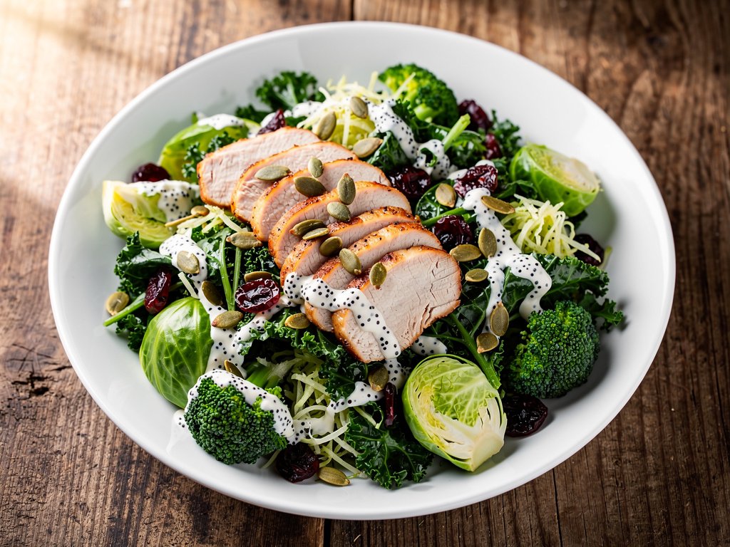 Quick Sweet Kale Salad with Pre-Cooked Chicken and Creamy Poppyseed Dressing
