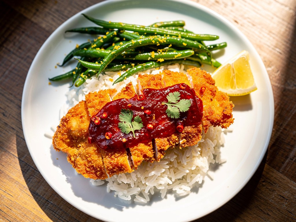Sweet and Savory Red Pepper Jam Chicken with Lemony Green Beans and Cilantro Rice