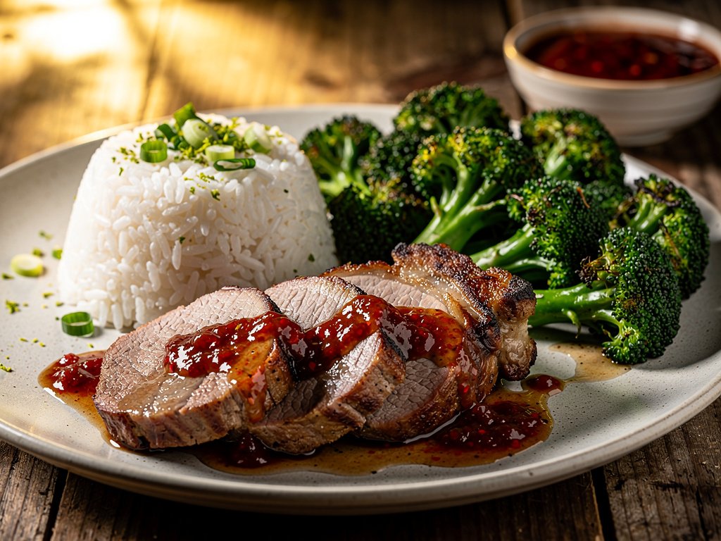 Tangy Red Pepper Jam Pork Chops with Garlic Lime Broccoli and Scallion Rice
