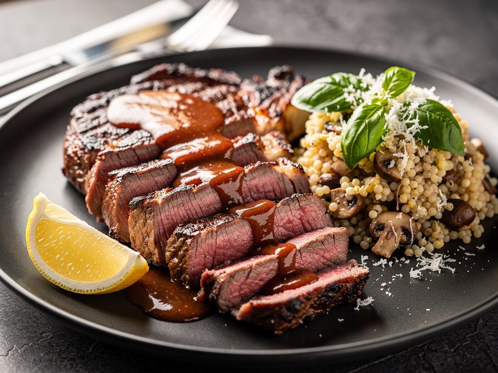 Rib-Eye Steak with Tomato Balsamic Sauce and Truffled Mushroom Couscous