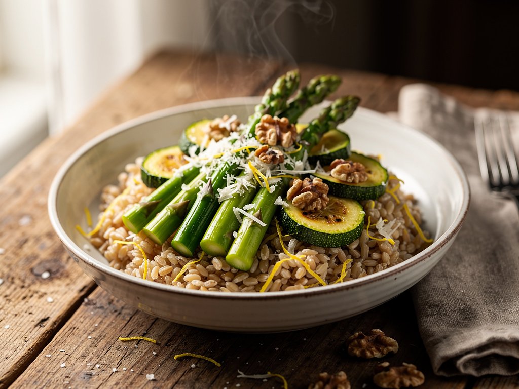 Risotto-Style Farro Bowls with Roasted Zucchini and Asparagus