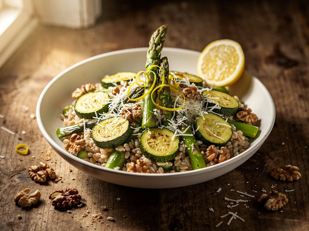 Risotto-Style Farro Bowls with Roasted Zucchini and Asparagus