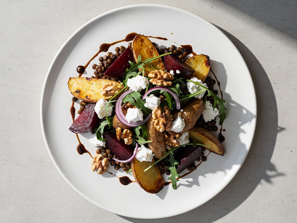 Roasted Beet and Lentil Salad with Goat Cheese and Walnuts