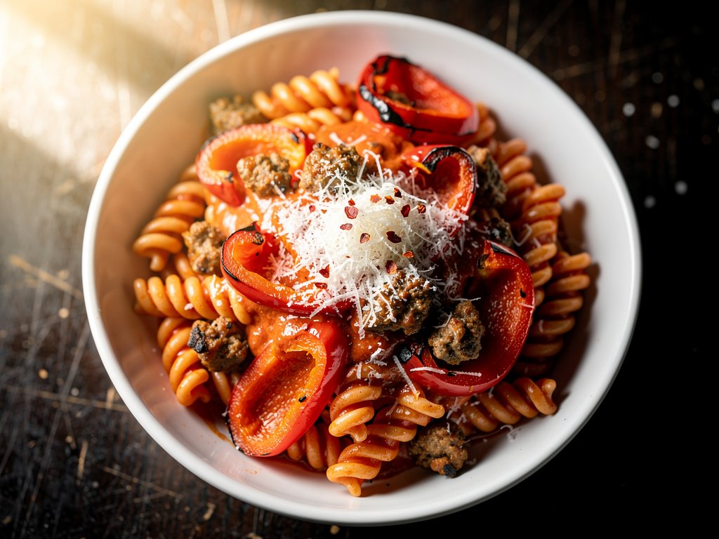 Roasted Bell Pepper and Sausage Gemelli Pasta with Creamy Parmesan Garlic Sauce