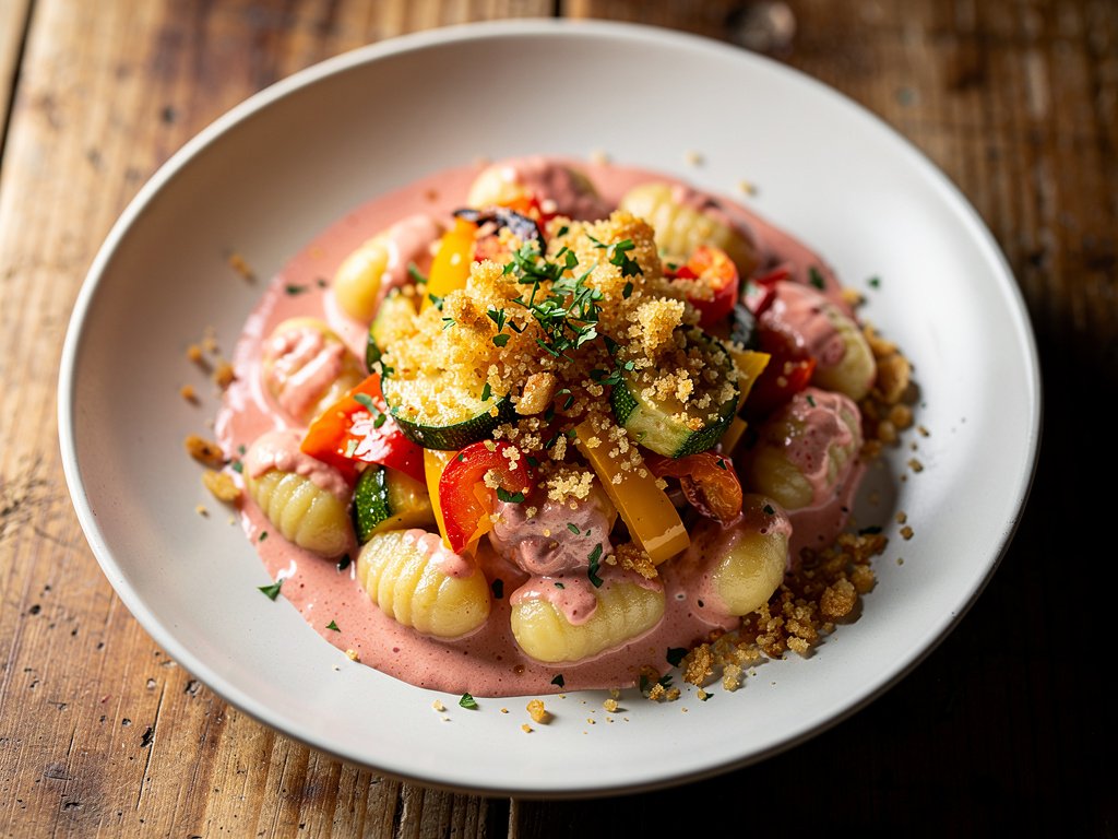 Roasted Bell Pepper and Zucchini Gnocchi with Creamy Tomato Sauce and Garlic Panko
