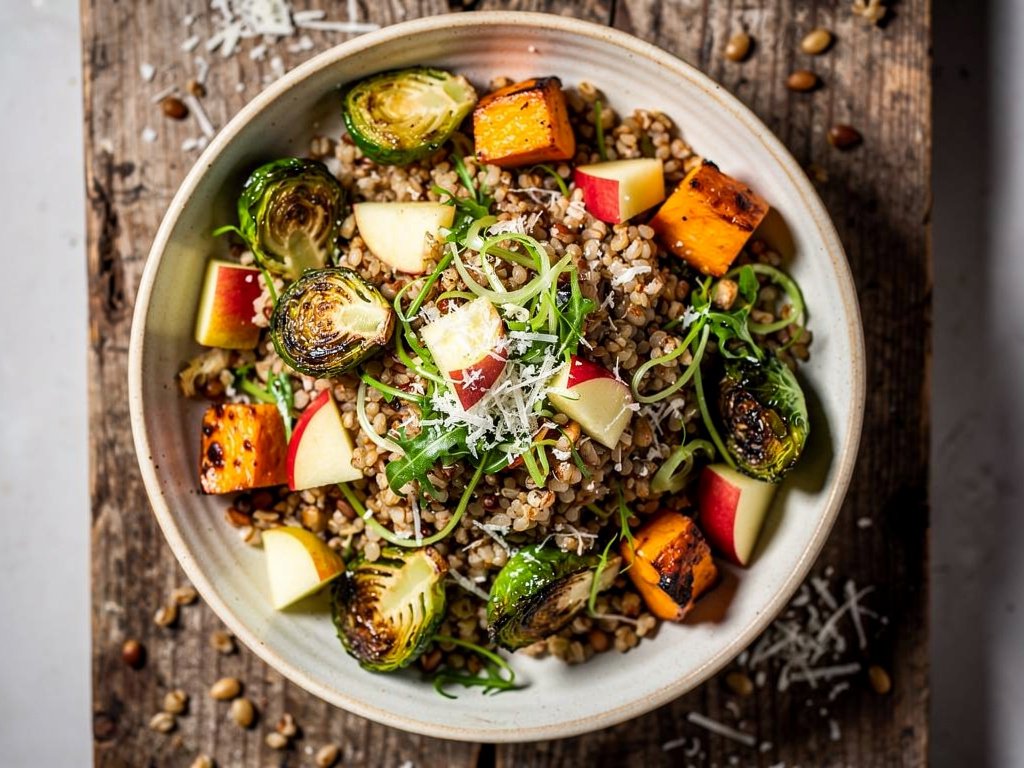 Roasted Butternut Squash and Brussels Sprouts Freekeh Salad with Apple