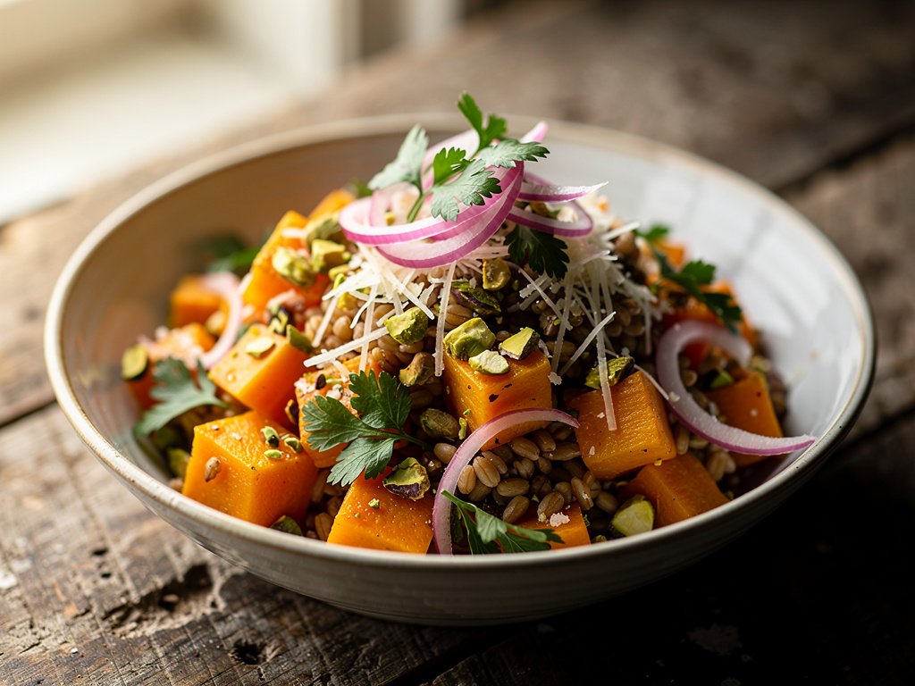 Roasted Butternut Squash and Farro Bowl with Pistachios and Pickled Shallot