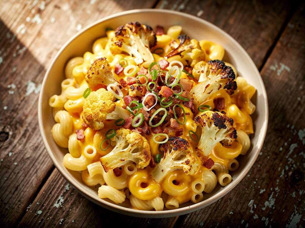 Roasted Cauliflower Bacon Mac and Cheese with Cavatappi