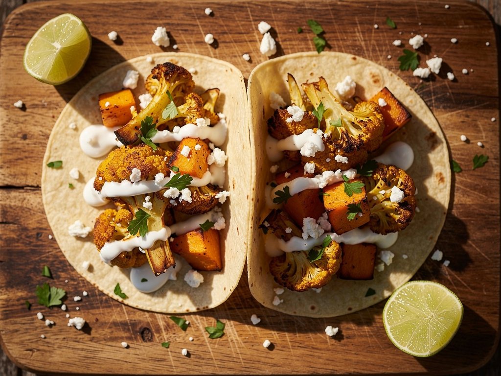 Roasted Cauliflower and Butternut Squash Tacos with Yogurt Crema and Chili Honey