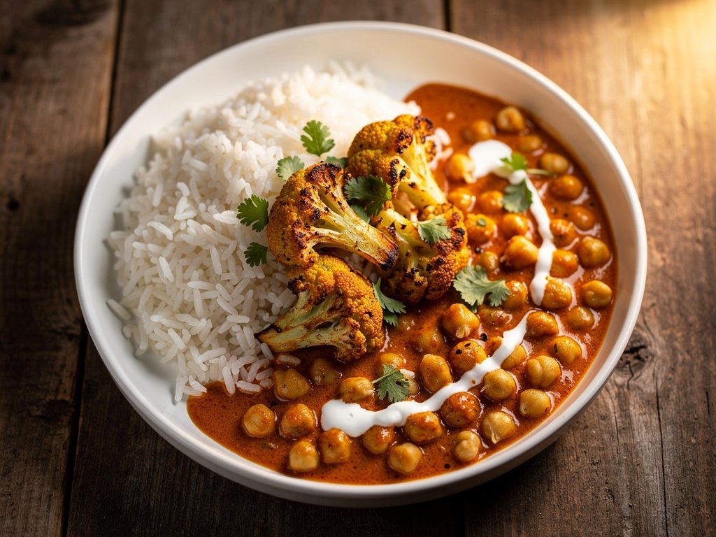 Roasted Cauliflower and Chickpea Tikka Masala with Fragrant Rice