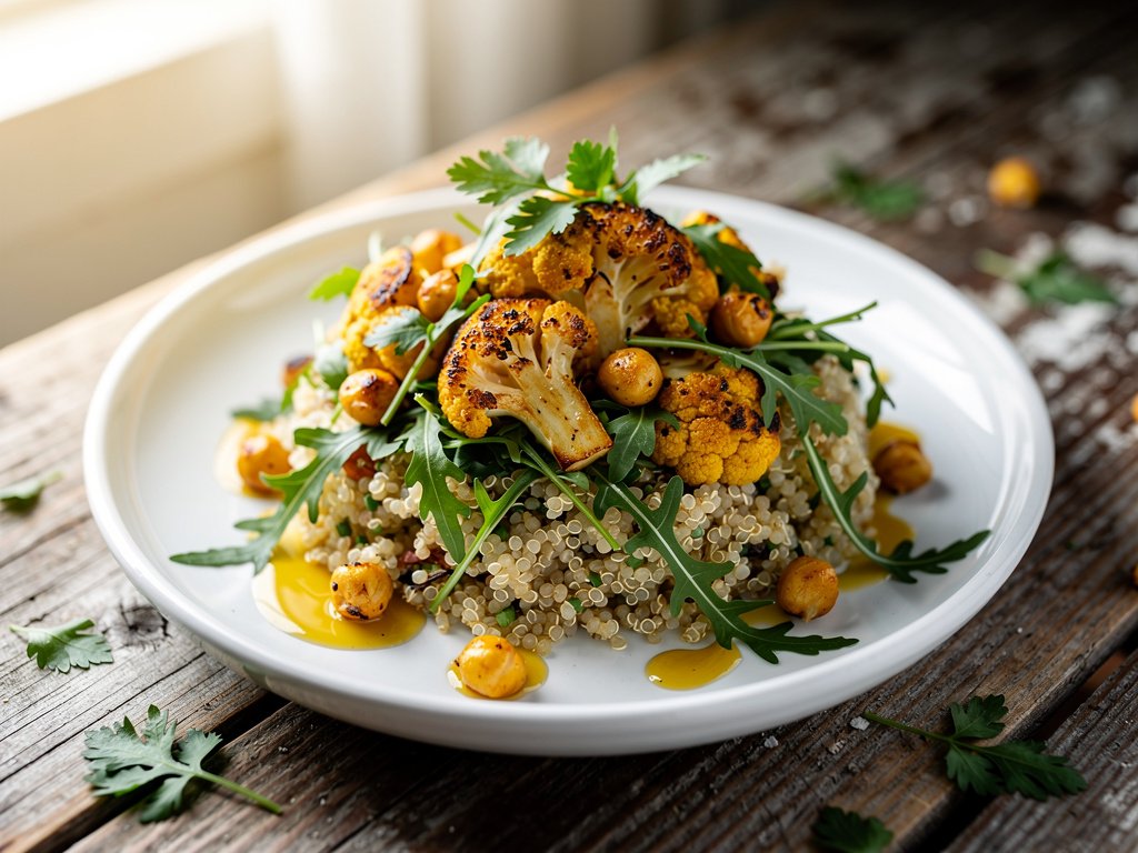 Roasted Cauliflower and Crispy Chickpea Salad with Quinoa and Garlic Vinaigrette
