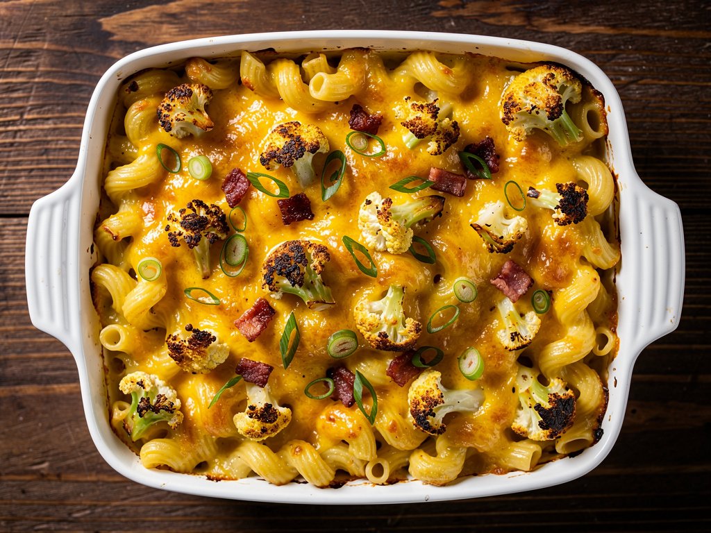 Roasted Cauliflower and Pancetta Baked Mac and Cheese with Cavatappi