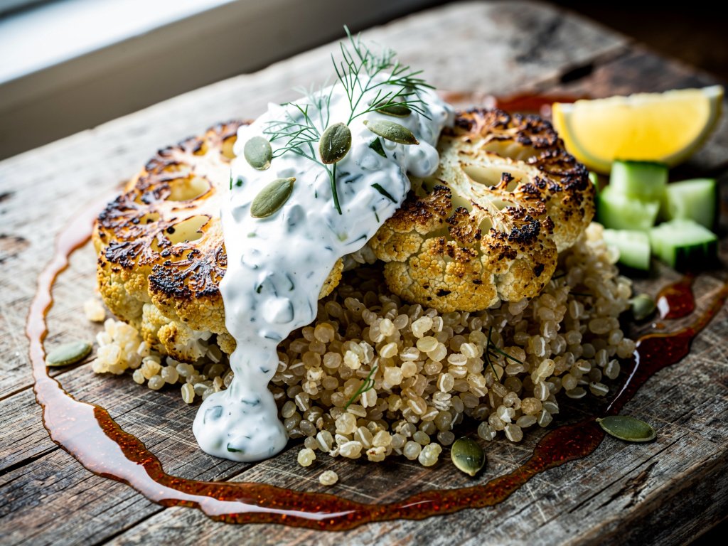 Roasted Cauliflower Steaks with Bulgur, Tzatziki, and Spiced Oil