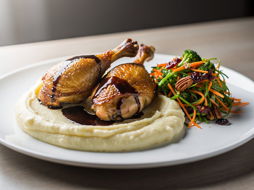 Roasted Chicken Legs with Balsamic Fig Sauce, Mashed Potatoes, and Cranberry Pecan Slaw