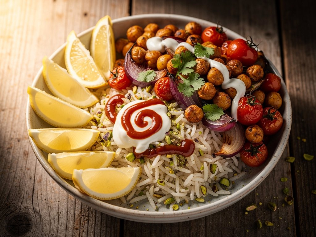 Roasted Chickpea Bowls with Pistachio Rice and Garlic Sauce