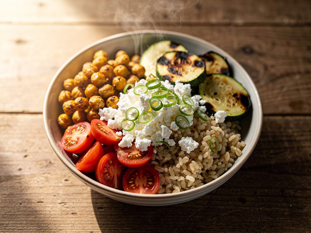 Roasted Chickpea and Bulgur Bowl with Zucchini, Tomatoes, and Feta