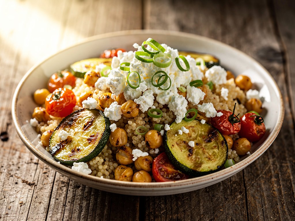 Roasted Chickpea and Israeli Couscous Bowl with Zucchini and Tomatoes