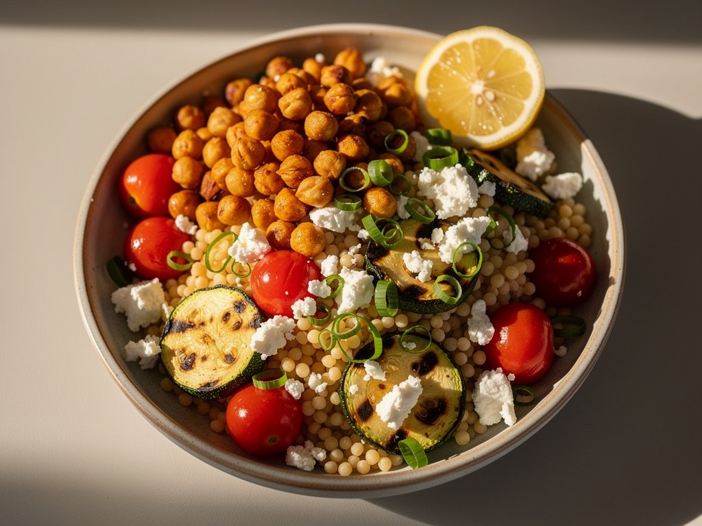 Roasted Chickpea and Israeli Couscous Bowl with Zucchini and Tomatoes