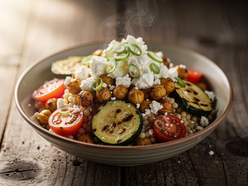 Roasted Chickpea and Israeli Couscous Bowl with Zucchini and Tomatoes