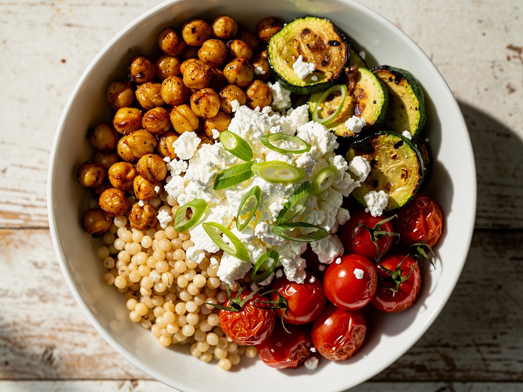 Roasted Chickpea and Israeli Couscous Bowl with Zucchini and Feta