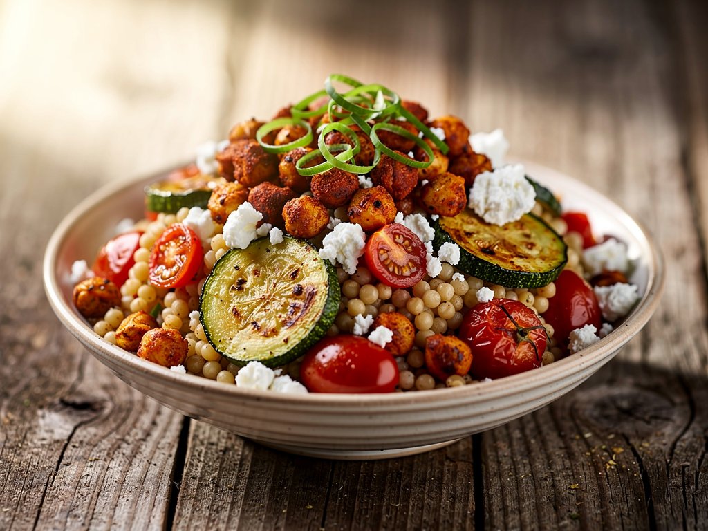 Roasted Chickpea and Israeli Couscous Bowl with Zucchini and Tomatoes