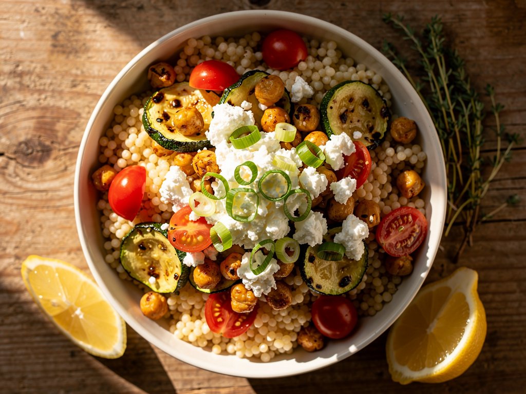 Roasted Chickpea and Israeli Couscous Bowl with Zucchini and Tomatoes