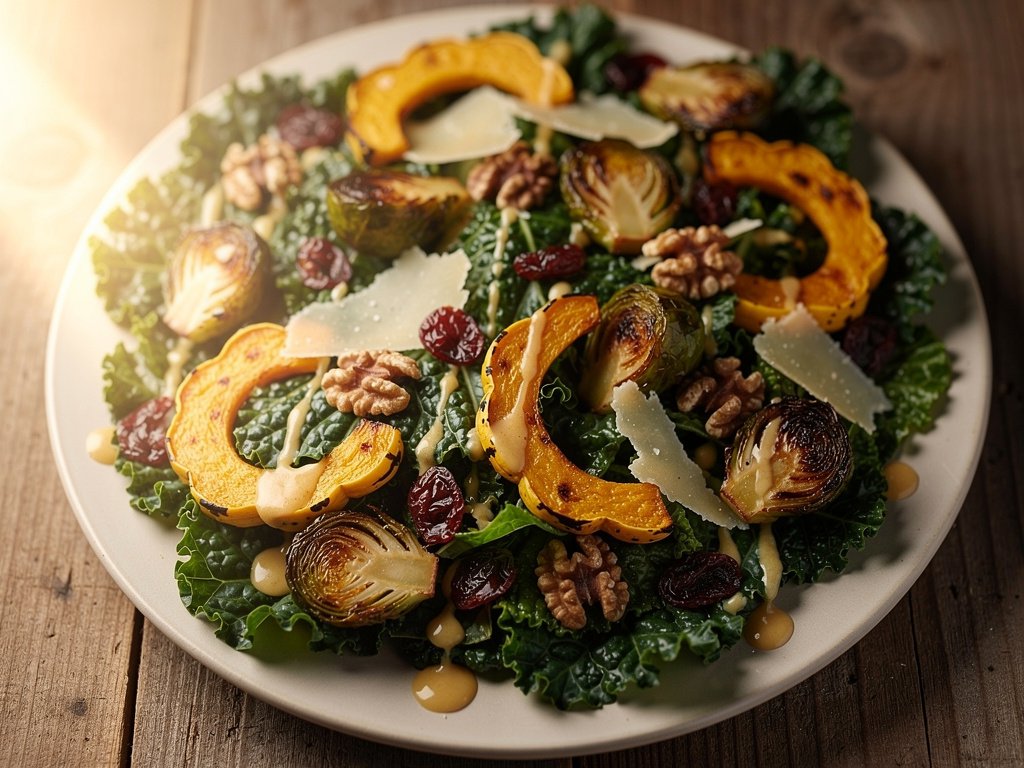 Roasted Delicata Squash and Brussels Sprouts Kale Salad with Honey Dijon Dressing