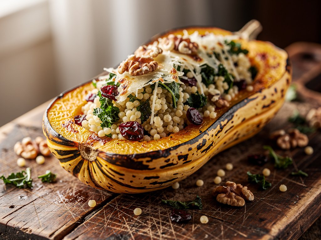 Roasted Delicata Squash Stuffed with Creamy Lemon Thyme Couscous, Kale, Cranberries, and Walnuts