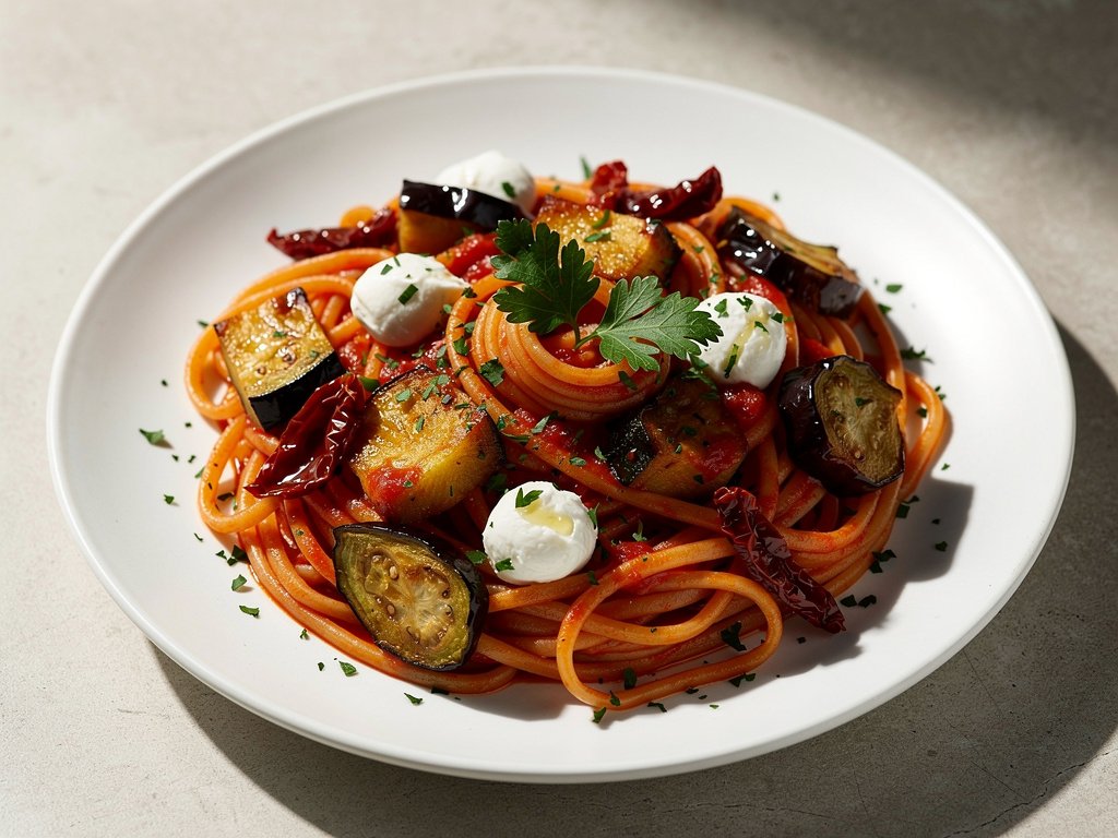 Roasted Eggplant and Sun-Dried Tomato Linguine with Mozzarella