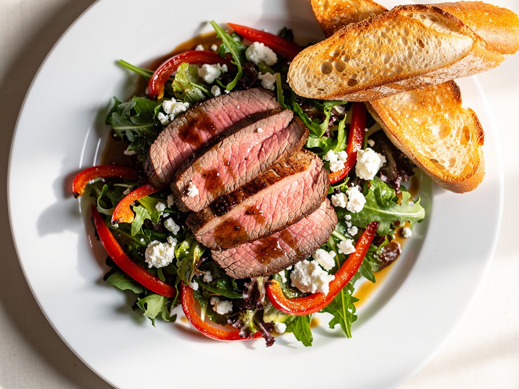 Roasted Garlic and Rosemary Steak Salad with Goat Cheese and Red Peppers